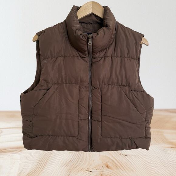 Love Tree Cropped Puffer Vest Sz L Womens Brown Pockets Minimalist On Trend Fun - Picture 1 of 8